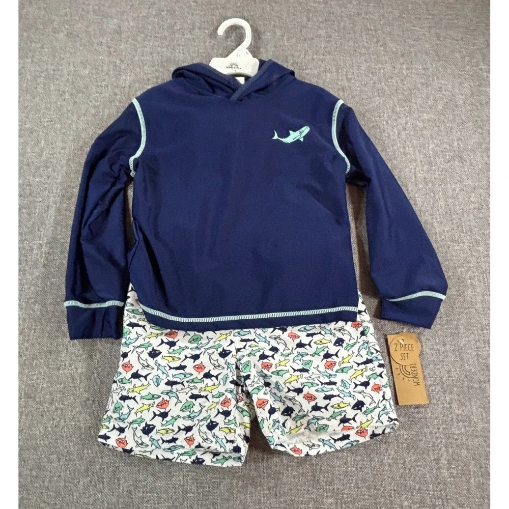 WONDERLUXE Rash Guard Hoodie and Swim Trunks Set Shark Navy Blue UPF 50+ Boys 4T